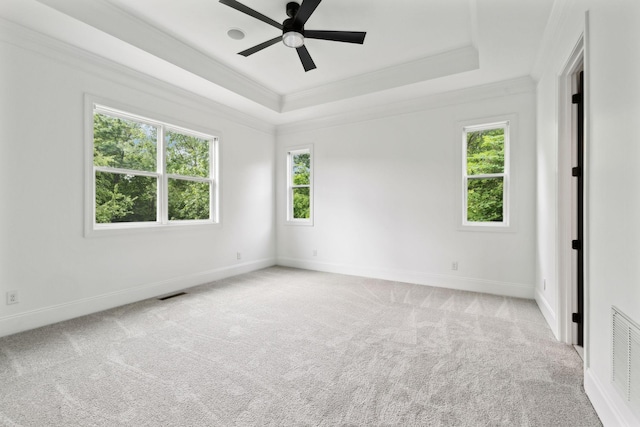 carpeted spare room featuring plenty of natural light, ornamental molding, a raised ceiling, a ceiling fan, and baseboards