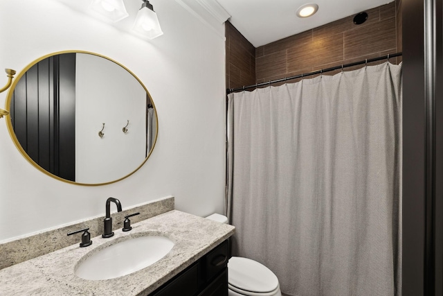 bathroom featuring toilet, vanity, recessed lighting, and a shower with shower curtain