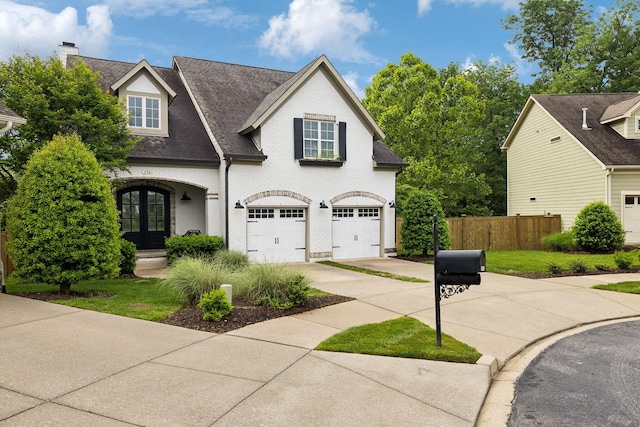 view of front of home with driveway, fence, french doors, an attached garage, and roof with shingles
