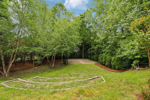 view of grassy yard with basketball court
