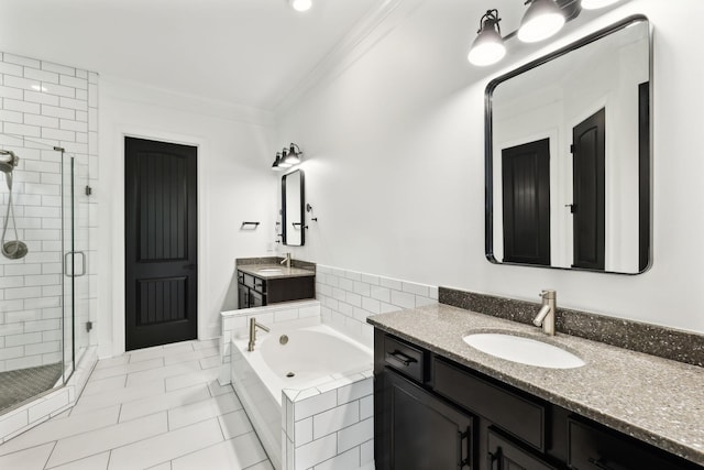 full bathroom with a stall shower, crown molding, tile patterned flooring, a garden tub, and two vanities