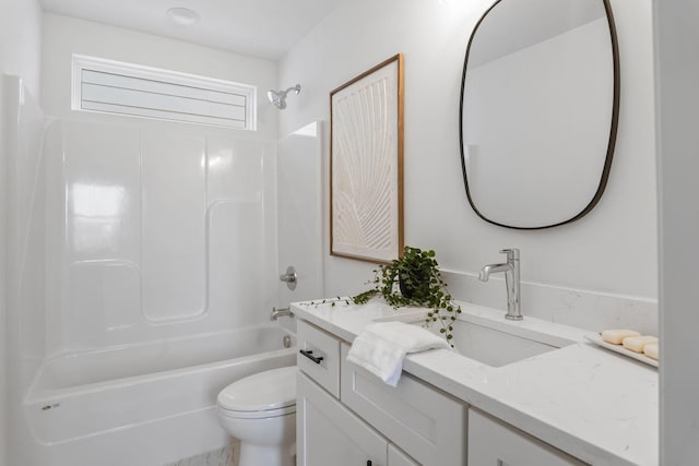 full bath with toilet, shower / tub combination, and vanity