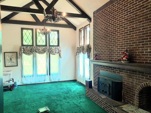 unfurnished living room featuring carpet flooring, beamed ceiling, a chandelier, a wood stove, and baseboards