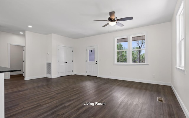222 Grayson Way, Signal Mountain, TN 37377 - unfurnished living room with ceiling fan, dark wood-style floors, baseboards, and recessed lighting