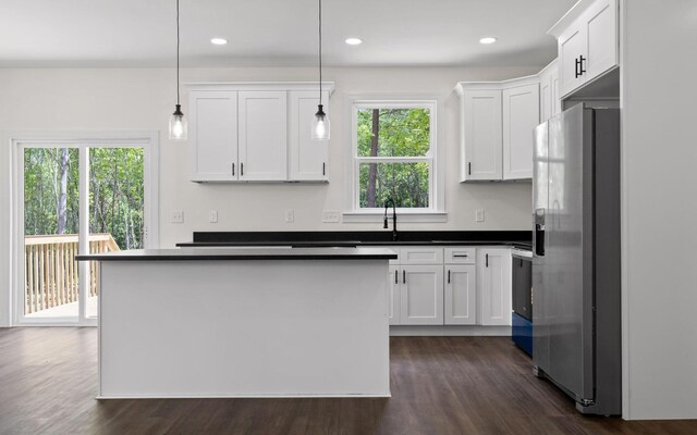 222 Grayson Way, Signal Mountain, TN 37377 - kitchen with fridge with ice dispenser, a sink, white cabinetry, dark countertops, and dark wood-style floors
