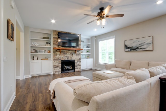 864 S Ridge Trl, Clarksville, TN 37043 - living area featuring baseboards, ceiling fan, dark wood-style floors, a fireplace, and recessed lighting