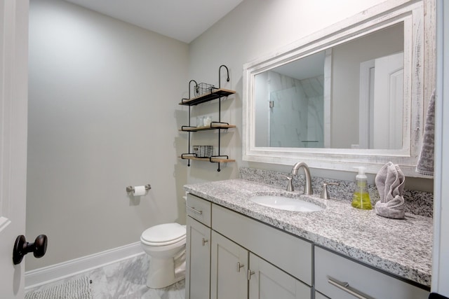 864 S Ridge Trl, Clarksville, TN 37043 - full bath with baseboards, a stall shower, toilet, vanity, and marble finish floors