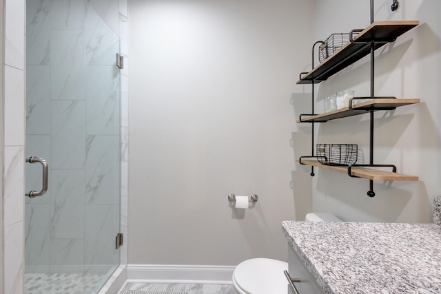 864 S Ridge Trl, Clarksville, TN 37043 - bathroom featuring a stall shower, toilet, marble look tiles, and baseboards