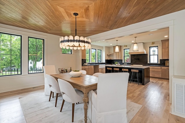 dining space featuring wooden ceiling, plenty of natural light, light wood-style floors, a chandelier, and baseboards