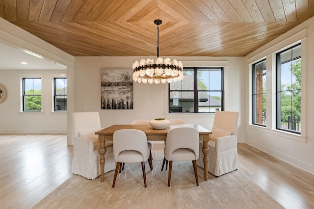 dining area with wood ceiling, a chandelier, plenty of natural light, and light wood-style floors