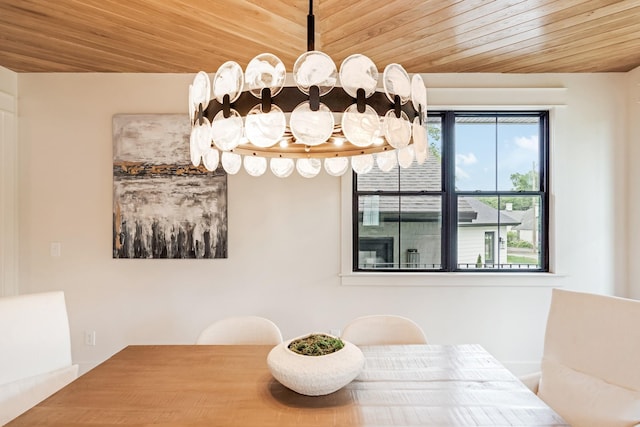 dining area with wooden ceiling and a chandelier