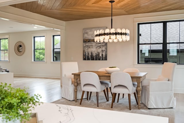 dining area featuring wooden ceiling, wood finished floors, baseboards, and a chandelier