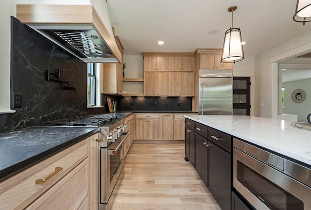 kitchen with built in appliances, open shelves, light brown cabinets, light wood finished floors, and island exhaust hood