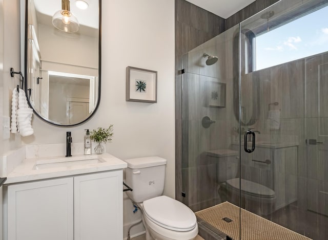 bathroom featuring toilet, a shower stall, and vanity