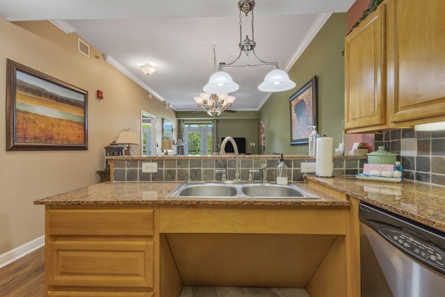 1410 Hurley Dr Unit 103, Sevierville, TN 37862 - kitchen with stainless steel dishwasher, a sink, crown molding, tasteful backsplash, and a chandelier