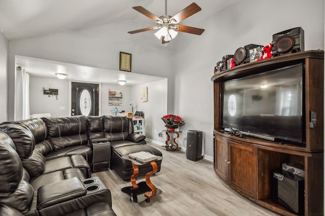 living room with a ceiling fan, light wood-style flooring, baseboards, and high vaulted ceiling