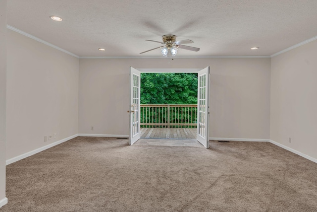 carpeted empty room with crown molding, a ceiling fan, a textured ceiling, baseboards, and recessed lighting