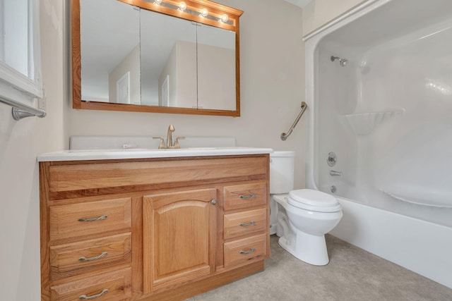 full bathroom with toilet, vanity, and washtub / shower combination