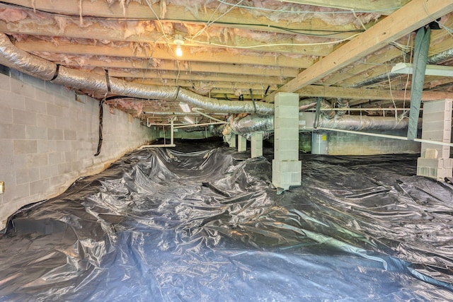 inside crawl space featuring concrete block wall