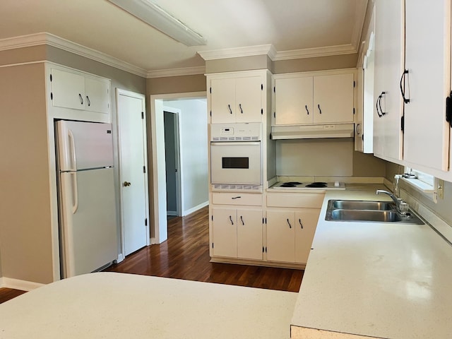 999 Mill St, Pulaski, TN 38478 - kitchen with white appliances, under cabinet range hood, a sink, dark wood finished floors, and ornamental molding