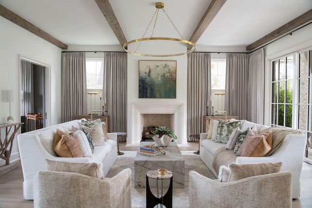 12 Middleton Park Ln, Nashville, TN 37215 - living room featuring beam ceiling, light wood-type flooring, and a fireplace