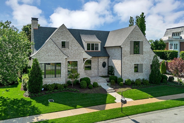 12 Middleton Park Ln, Nashville, TN 37215 - french country inspired facade with a chimney, a front yard, and a shingled roof