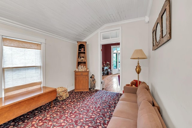 2033 Carters Creek Pike, Franklin, TN 37064 - living area featuring ornamental molding, vaulted ceiling, and wood ceiling