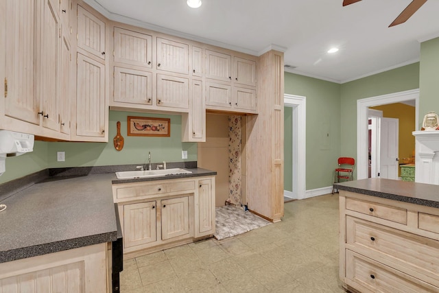 2033 Carters Creek Pike, Franklin, TN 37064 - kitchen featuring a sink, dark countertops, crown molding, ceiling fan, and light flooring