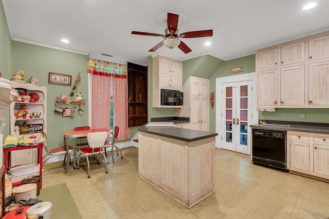 2033 Carters Creek Pike, Franklin, TN 37064 - kitchen with black appliances, ceiling fan, dark countertops, light flooring, and recessed lighting