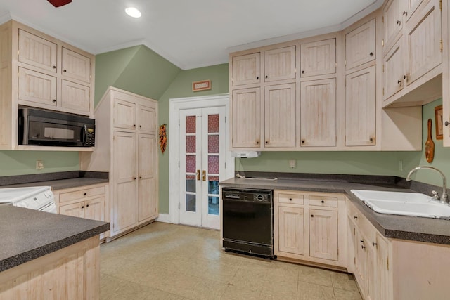 2033 Carters Creek Pike, Franklin, TN 37064 - kitchen featuring black appliances, a sink, dark countertops, light brown cabinetry, and crown molding