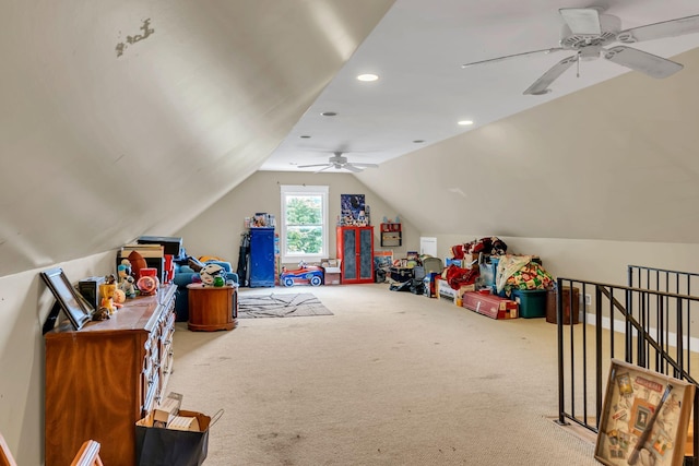 2033 Carters Creek Pike, Franklin, TN 37064 - recreation room with a ceiling fan, lofted ceiling, carpet flooring, and recessed lighting