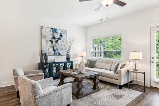 1115 Sweetleaf Dr, Franklin, TN 37064 - living room with wood finished floors, ceiling fan, and baseboards
