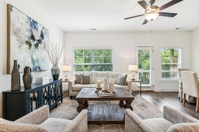 1115 Sweetleaf Dr, Franklin, TN 37064 - living area featuring healthy amount of natural light, a ceiling fan, and wood finished floors