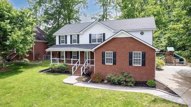 618 Cookstown Dr, Smyrna, TN 37167 - view of front facade featuring a porch, central AC, brick siding, and stairway
