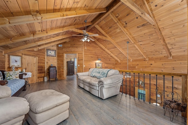 154 Whitetail Ln, Belvidere, TN 37306 - living room with wood ceiling, wood walls, hardwood / wood-style flooring, and ceiling fan