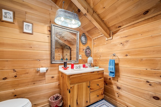 154 Whitetail Ln, Belvidere, TN 37306 - bathroom with vanity, wooden walls, toilet, and wooden ceiling