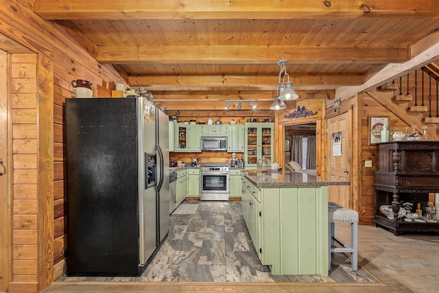 154 Whitetail Ln, Belvidere, TN 37306 - kitchen featuring green cabinets, appliances with stainless steel finishes, wooden walls, wooden ceiling with exposed beams, and a breakfast bar