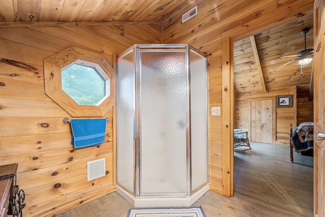 154 Whitetail Ln, Belvidere, TN 37306 - full bathroom with wood walls, hardwood / wood-style flooring, a shower stall, wooden ceiling, and lofted ceiling