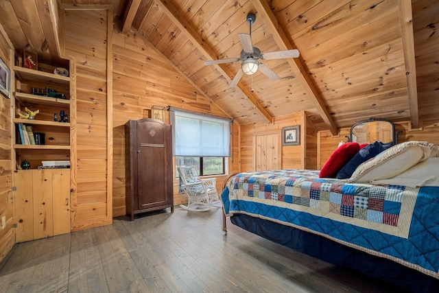 154 Whitetail Ln, Belvidere, TN 37306 - bedroom featuring wooden walls, wood ceiling, wood-type flooring, and ceiling fan