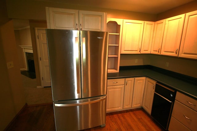 603 Canterbury Trl, Mount Juliet, TN 37122 - kitchen with freestanding refrigerator, dark wood-style floors, dark countertops, open shelves, and a premium fireplace