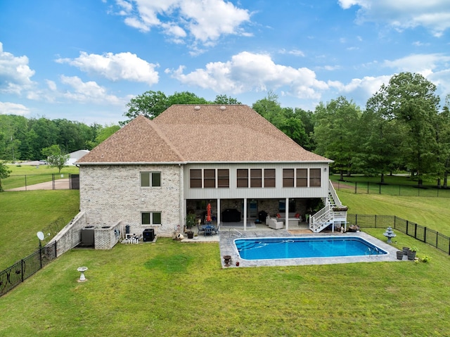 575 Homestead Ln, Henderson, TN 38340 - rear view of house featuring a patio area, outdoor lounge area, cooling unit, roof with shingles, and stairway