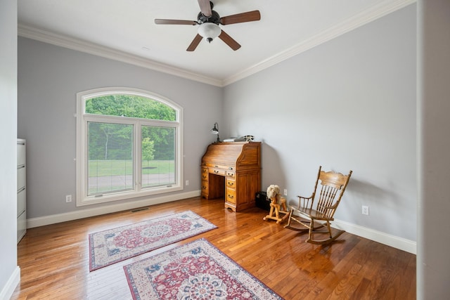 575 Homestead Ln, Henderson, TN 38340 - sitting room with ornamental molding, wood finished floors, baseboards, and ceiling fan