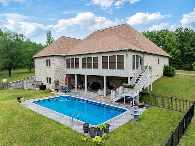 575 Homestead Ln, Henderson, TN 38340 - rear view of property featuring a patio area, roof with shingles, stairs, and brick siding