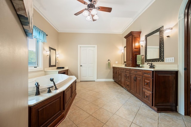 575 Homestead Ln, Henderson, TN 38340 - full bathroom with a ceiling fan, crown molding, a bath, tile patterned flooring, and double vanity