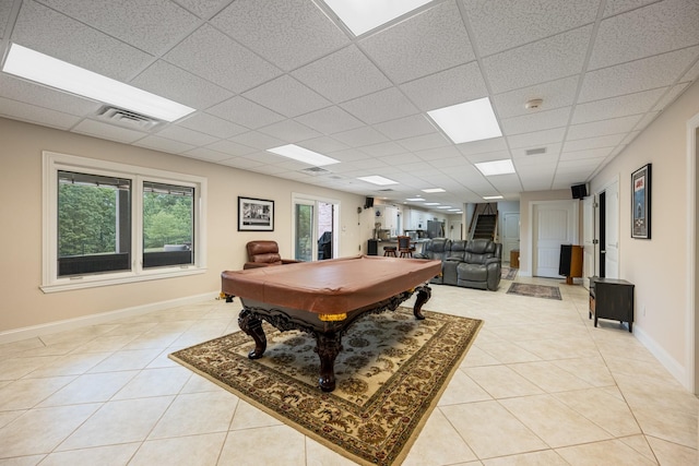575 Homestead Ln, Henderson, TN 38340 - game room with billiards, light tile patterned floors, a paneled ceiling, and baseboards