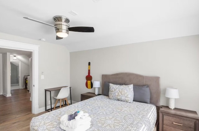 1822 Jefferson St, Nashville, TN 37208 - bedroom featuring wood finished floors, a ceiling fan, lofted ceiling, and baseboards