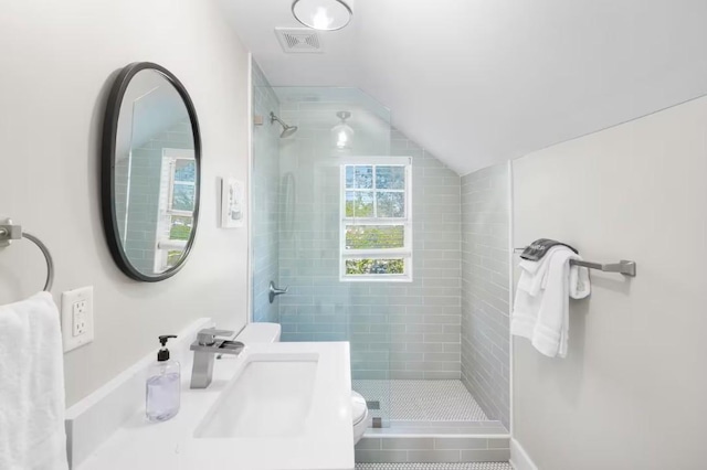 1822 Jefferson St, Nashville, TN 37208 - bathroom featuring a shower stall, a sink, lofted ceiling, and toilet