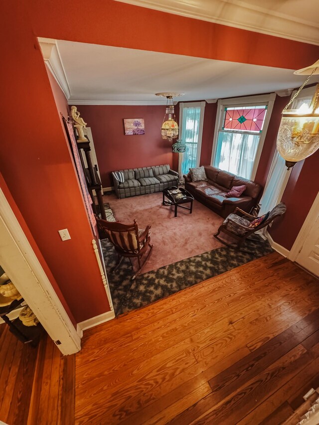 209 Main St, Cumberland City, TN 37050 - living room with ornamental molding, wood finished floors, and baseboards