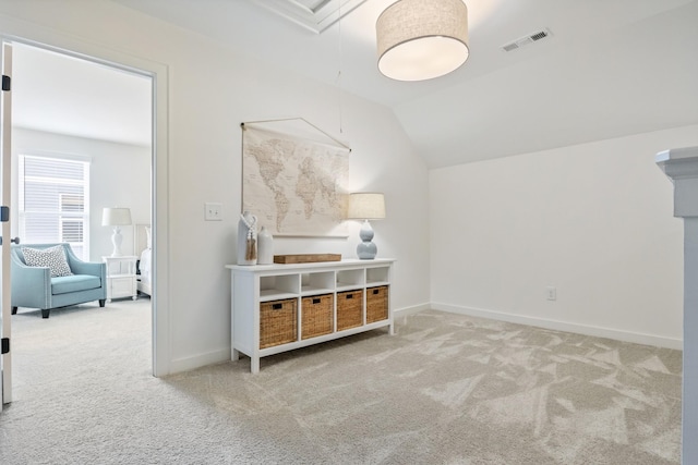 bonus room featuring carpet flooring, vaulted ceiling, and baseboards