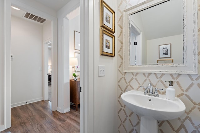 bathroom featuring wood finished floors and a sink